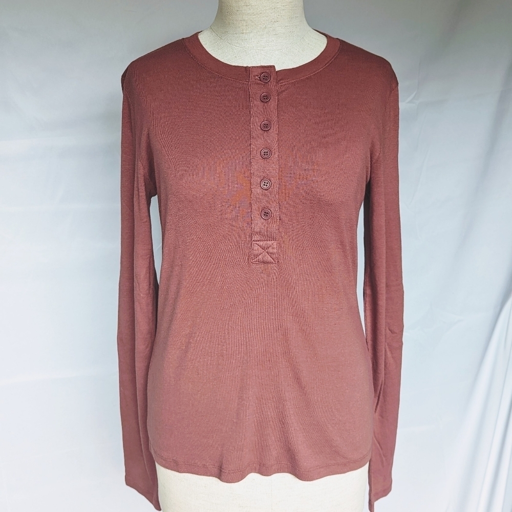 Splendid Rowan Fitted Henley Top Button Placket  Cotton Modal Blend Penny L NWT